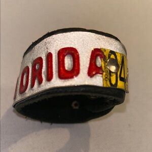 Artisan Original Art Cuff Bracelet Florida Metal Bike Tag on Black Leather